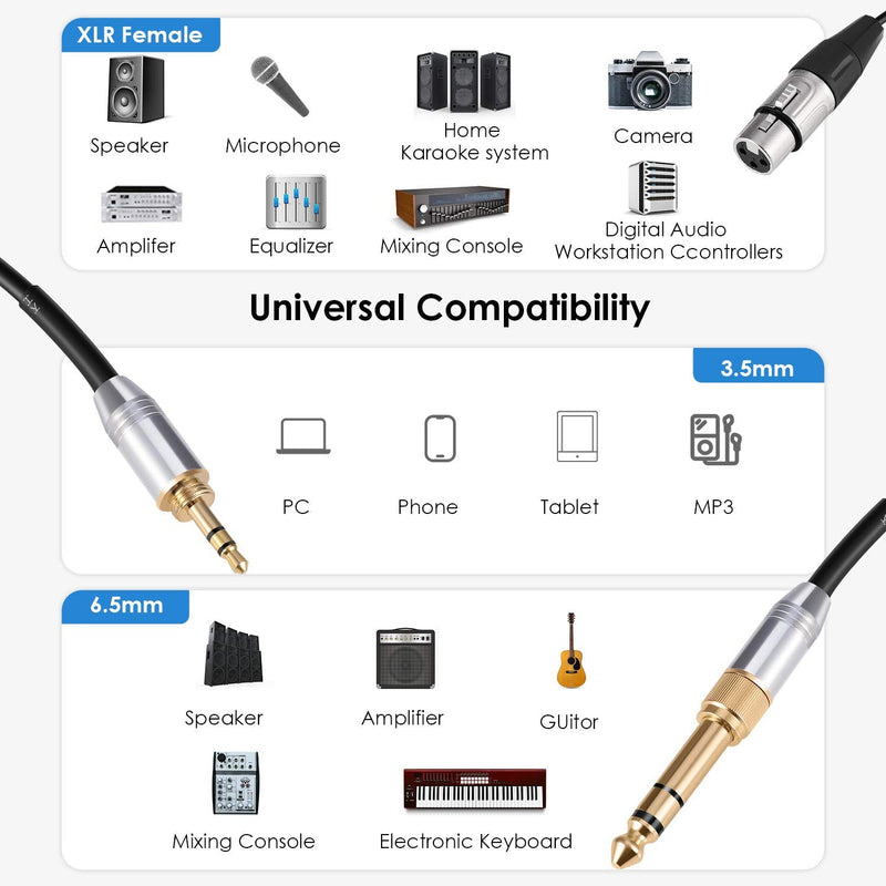  [AUSTRALIA] - Devinal XLR Female to 1/4 & 1/8 Inch TRS Microphone Cable, XLR Female to 6.35mm & 3.5mm Stereo Cord Screw-On Adapter, Quarter inch to Female XLR Patch Lead 1FT