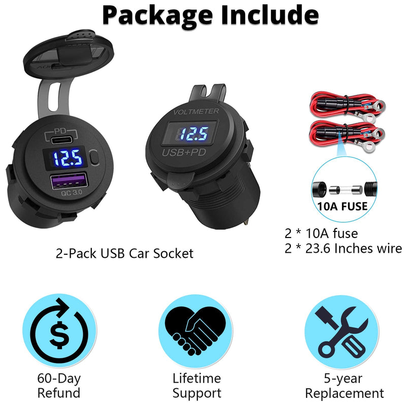  [AUSTRALIA] - 2 Pack USB C Car Charger Socket, Qidoe 12V USB Outlet PD3.0 20W USB C and 18W QC3.0 Car USB Port with LED Voltmeter and ON/Off Switch Fast Car USB Outlet for Car Boat Marine RV Truck Golf Motorcycle Two in Pack