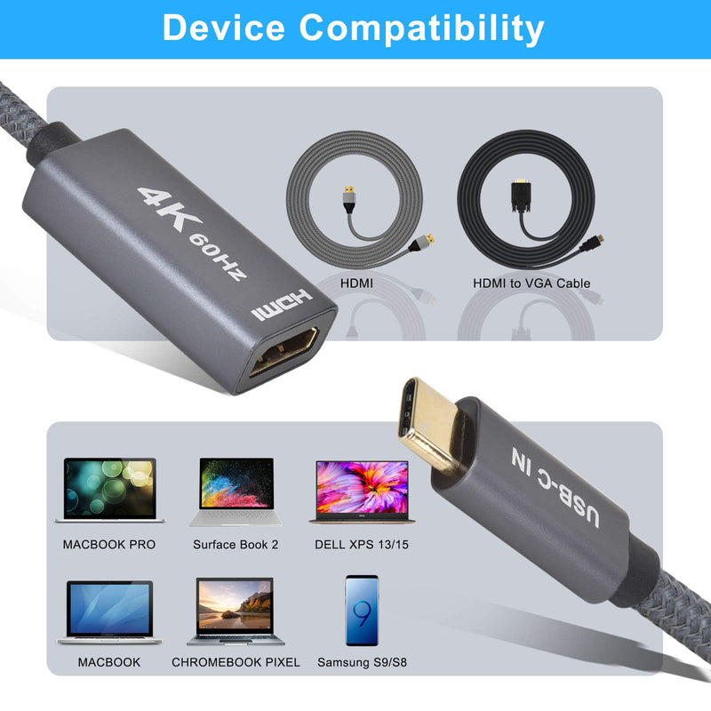 USB C to HDMI Adapter, 4K 60Hz USBC Male to HDMI Female Converter,(Thunderbolt 3 Compatible) for MacBook 2016 2017 2018 2020,Mac Air iPad,Microsoft Surface Book Pro 7,Dell XPS 15/13 Gray - LeoForward Australia