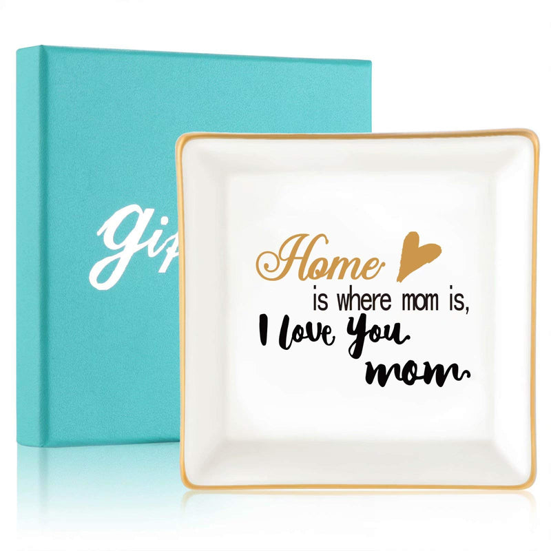  [AUSTRALIA] - Gifts for Women Girls, Ceramic Ring Dish Decorative Trinket Plate Initial Jewelry Tray Dish, Mothers Day Valentines Gifts for Her Grandma Mom Daughter Sister Friend Birthday Home is where mom is,I love you mom