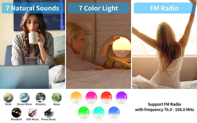  [AUSTRALIA] - Sunrise Alarm Clock Wake Up Light with Dual Alarms, 7 Natural Sounds, Snooze, FM Radio, Sleep Aid, Night Light with 7 Colors, Reading Lamp, Sunrise Simulation for Heavy Sleepers Adults Kids Bedrooms