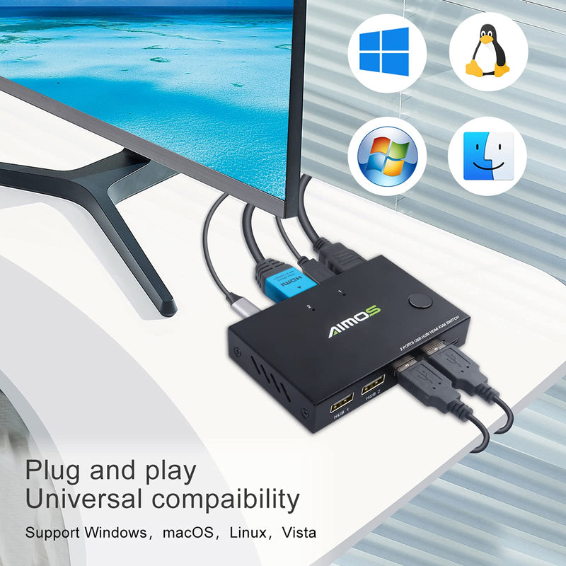  [AUSTRALIA] - AIMOS HDMI KVM Switch, HUD 4K 2 Port Box, Share 2 Computers with one Keyboard Mouse and one HD Monitor, Support Wireless Keyboard and Mouse Connections, Not Support Hotkey, Can Connect to HUB