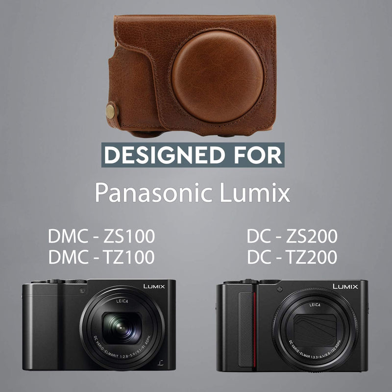  [AUSTRALIA] - MegaGear Ever Ready Genuine Leather Camera Case Compatible with Panasonic Lumix DMC-ZS100, DC-ZS200 Brown