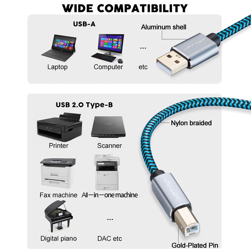  [AUSTRALIA] - Printer Cable 20 FT Hftywy Braid USB Printer Cable USB 2.0 Printer Scanner Cable USB Type A Male to B Male Cord for HP, Canon, Dell, Lexmark, Epson, Xerox, Samsung & More Braid 20ft
