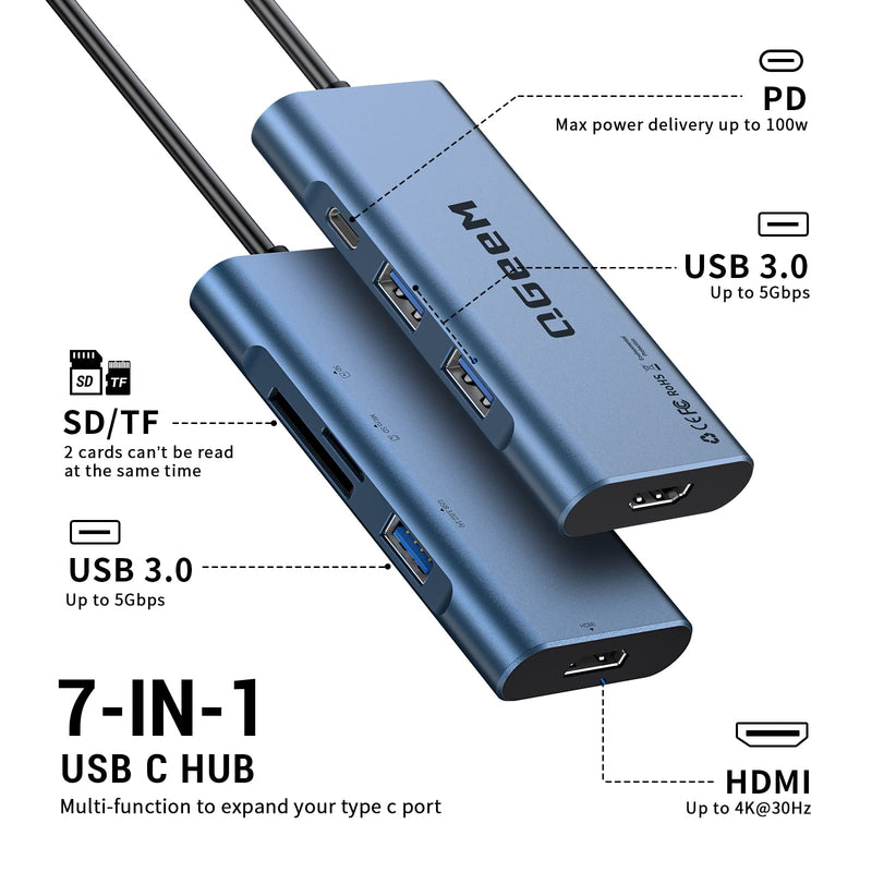  [AUSTRALIA] - USB C Hub, QGeeM USB C to HDMI Multiport Adapter 4k, 7 in 1 USB C Dongle with 100W Power Delivery,3 USB 3.0 Ports, SD/TF Card Reader, Compatible with MacBook Ipad HP Dell XPS and More Type C Device Blue