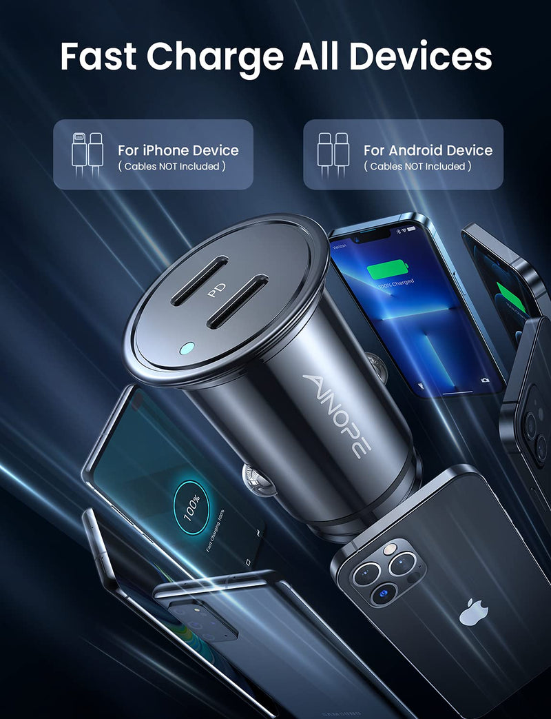  [AUSTRALIA] - AINOPE USB C Car Charger, 40W Smallest iPhone 13 Car Charger, All Metal USB C Car Charger Fast Charging PD 3.0 Dual Port Compatible with iPhone 13/13 Pro/12/12 Pro/12 Mini, Galaxy S20/S10, iPad Pro