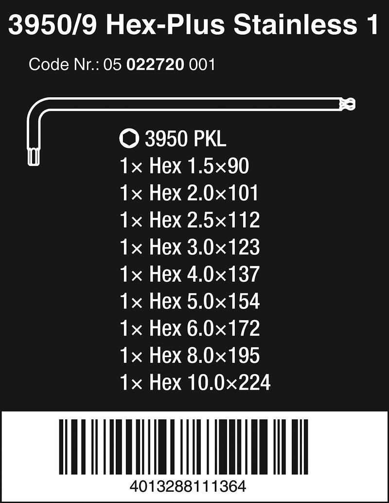 Wera - 5022720001 Stainless 3950 PKL/9 Ball-point Metric Hex-Plus Ergonomic L-Key Set with Two-Component Storage Clip, 9-Piece - LeoForward Australia