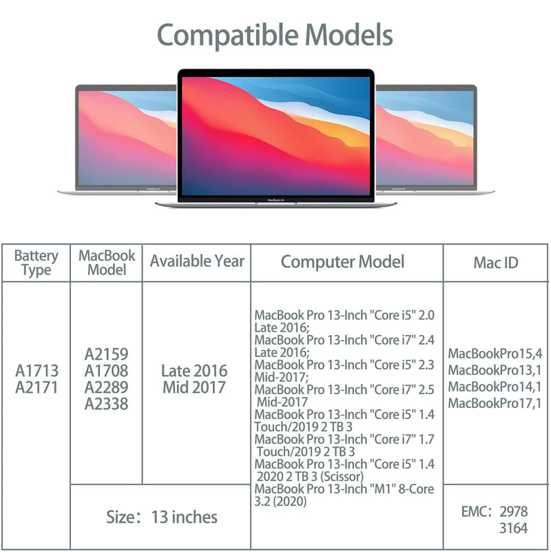  [AUSTRALIA] - A1708 Battery,Runpower A1713 A2171 Replacement Laptop Battery is Compatible with MacBook Pro 13 inch A1708(Late 2016, mid 2017) A2159 (2019) A2289 A2338 (2020) Battery 11.41V 58.19WH 5100mAh