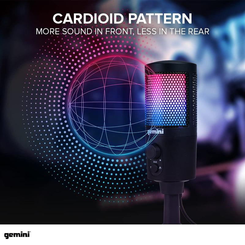  [AUSTRALIA] - Gemini Sound GSM-100 PC Computer USB Condenser Microphone with RGB LED Lights, Headphone Jack, Volume and Background Noise Reduction Controls for Live Streaming, Podcasting, Chat, Gaming, Twitch, Zoom