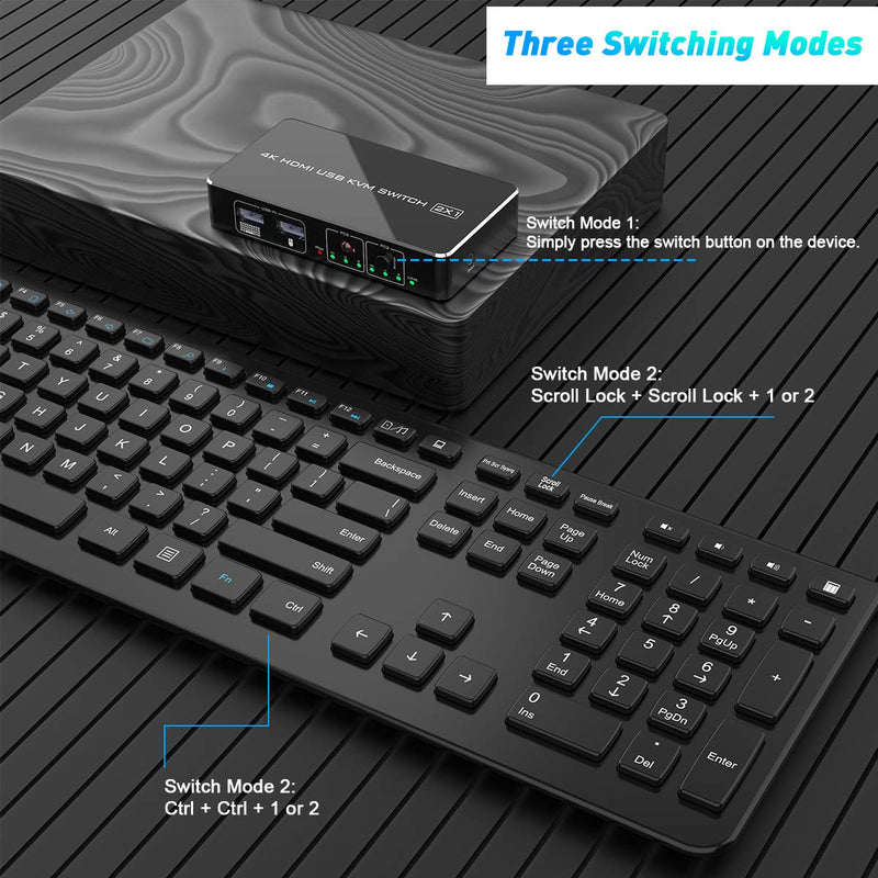  [AUSTRALIA] - KVM Switch HDMI 2 Port Box, UHD 4K (3840x2160) & 1080P 3 Switching Modes Supported,3 USB 2.0 Hub for Mouse Keyboard Printer PCs with 1 Switch Cable and 2 USB Cables