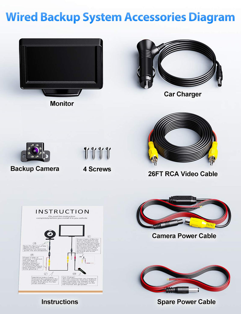  [AUSTRALIA] - Nuoenx Car Backup Camera with Monitor Kit, IP69K Waterproof Rear View Reverse Camera System for Cars, Trucks, Vans, Campers, Wired Backup Camera with Parking Guide Lines - 4.3 Inch Monitor