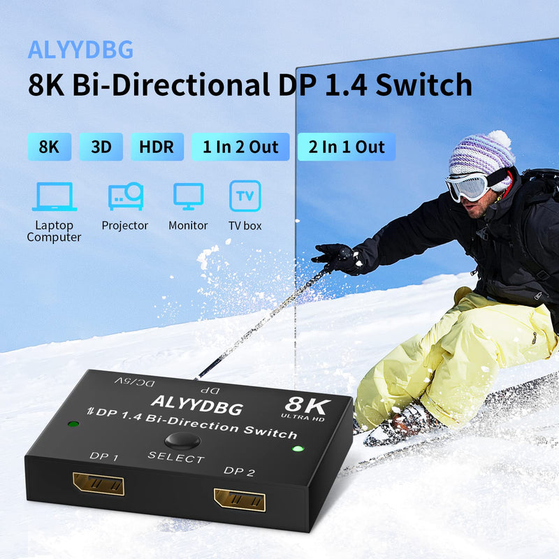  [AUSTRALIA] - Bundle 8K Displayport 1.4 Switch and 2PCS DP Cables, ALYYDBG Bi-Directional DP 1.4 Switcher Supports 8K@60hz 4K@120hz 2K@144hz for Dual DP Sources or Displays DP 1.4 Switch