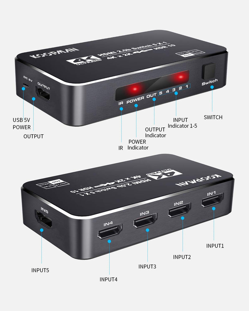  [AUSTRALIA] - 4K HDR HDMI Switch, Koopman 5 Ports 4K 60Hz HDMI 2.0 Switcher Selector with IR Remote, Supports Ultra HD Dolby Vision, High Speed (Max to 18.5Gbps), HDR10, HDCP 2.2 & 3D