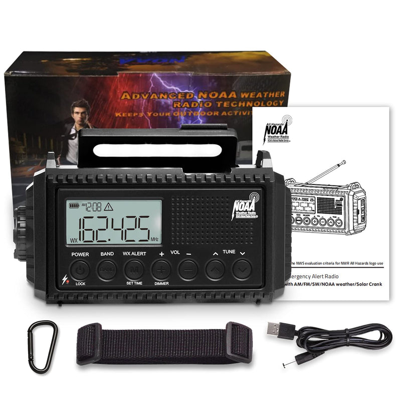  [AUSTRALIA] - NOAA Weather Radio, 5000mAh Emergency Hand Crank Radio with Solar Charging & Battery Operated, Auto Scan AM/FM/SW Radio with LED Flashlight for Outdoor Camping, USB Charger, SOS Alarm, Headphone Jack black