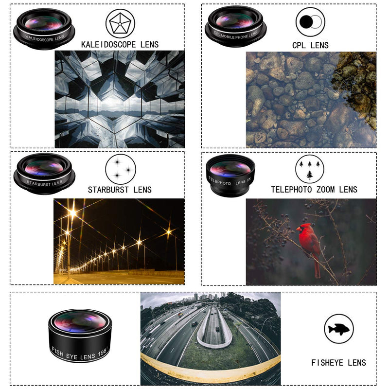  [AUSTRALIA] - iPhone Lens Kit, Phone Camera Lens 9 in 1 Zoom Telephoto Lens+198° Fisheye +0.35X Super Wide-Angle + 20X Macro Lens + 0.63X Wide Lens + CPL +Kaleidoscope Lens +Starburst for Samsung Android Smartphone