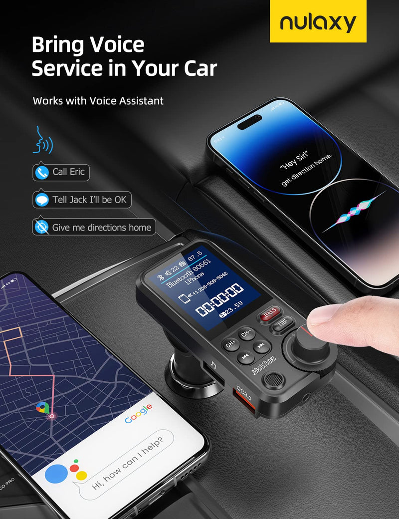  [AUSTRALIA] - Nulaxy FM Bluetooth Transmitter for car, Strong Microphone Bluetooth Car Adapter with 1.8" Color Screen for Hands Free Calls, Supports QC3.0 Charging, Treble and Bass Sound Music Player- KM30 Black