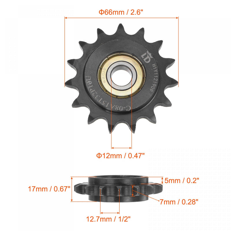  [AUSTRALIA] - uxcell #40 Chain Idler Sprocket, 12mm Bore 1/2" Pitch 15 Tooth Tensioner, Black Oxide Finished C45 Carbon Steel with Insert Single Bearing for ISO 08A Chains 66mm