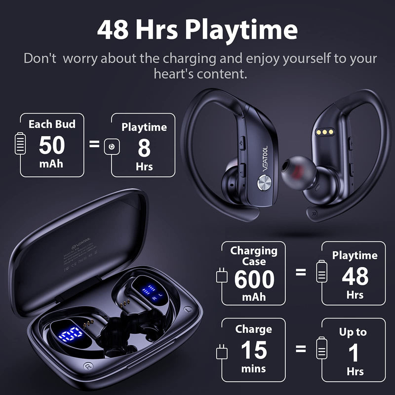  [AUSTRALIA] - Wireless Earbuds Bluetooth Headphones 48hrs Play Back Sport Earphones with LED Display Over-Ear Buds with Earhooks Built-in Mic Headset for Workout Black BMANI-VEAT00L