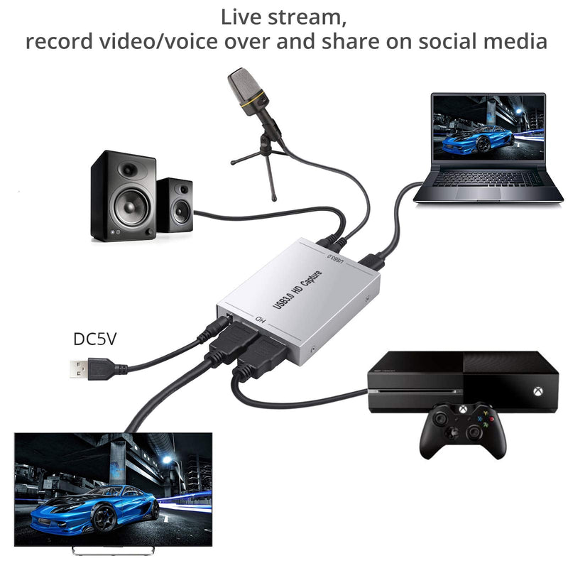  [AUSTRALIA] - LiNKFOR HDMI Video Capture Card with HDMI Loop-Out Microphone in and Audio in/Out USB 3.0 Live Streaming Game Recorder Video Capture Device Video Recording Box Support 1080P for Windows Linux Mac OS