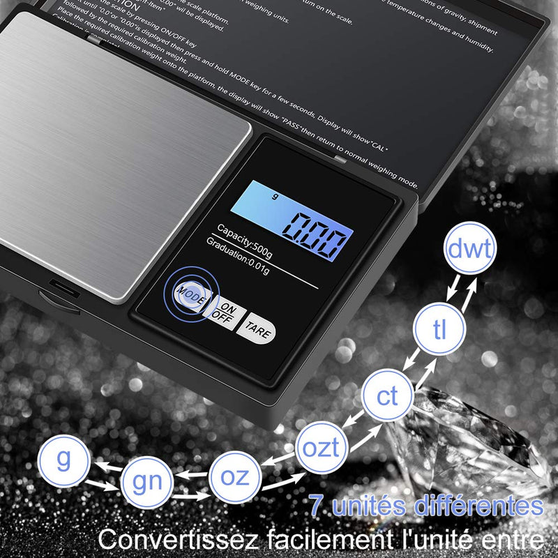  [AUSTRALIA] - Diyife Digital Pocket Scale 500g x 0.01g, Mini Weigh Gram Scale, Jewelry Scale, Electronic Kitchen Scale, Tare & Auto Off Function, 7 Weighing Units, for Kitchen, Jewelry, etc. (Batteries Included)