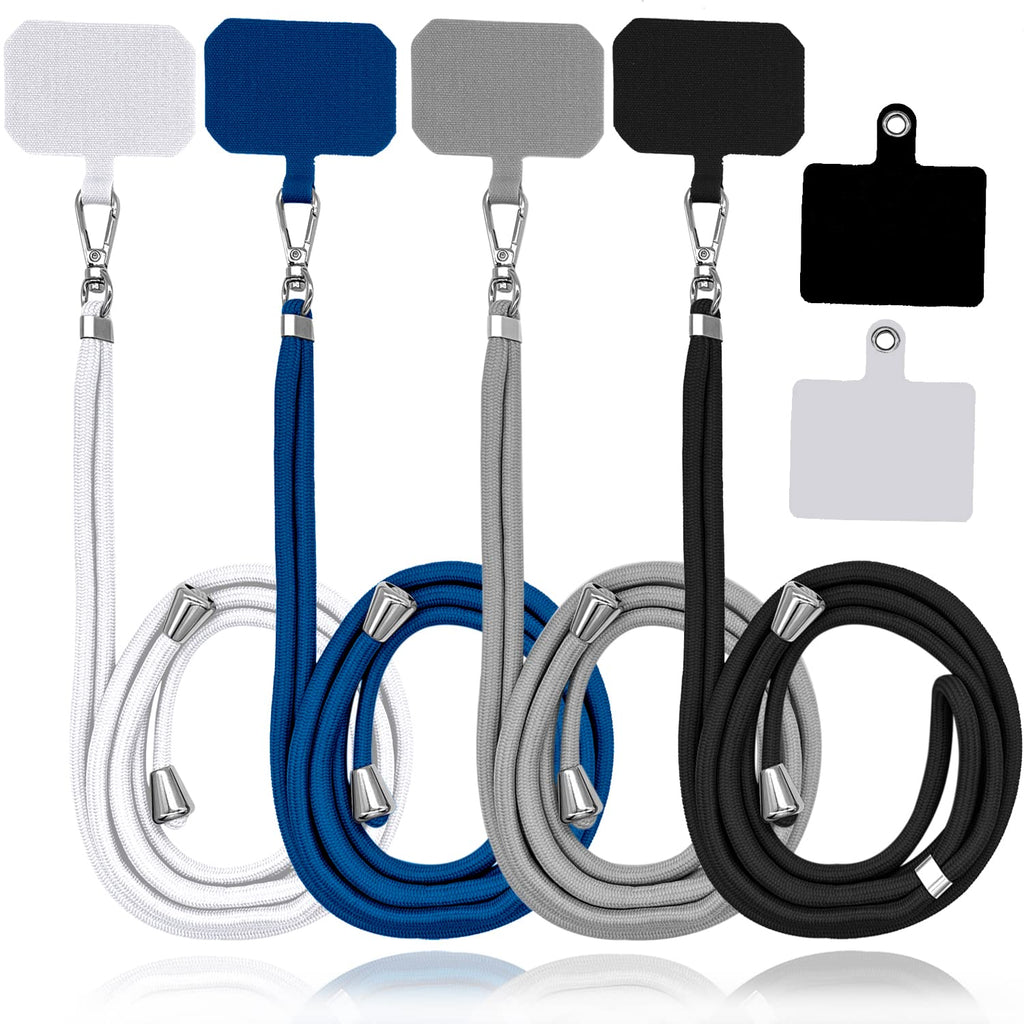  [AUSTRALIA] - 4 Pack Universal Nylon Neck Crossbody Cell Phone Lanyards + 6 Pieces Replacement Sticker Patches Tab, Adjustable Detachable Strap Safety Tether and Pads for Most Smartphone, Black/White/Grey/Blue Black,white,blue,grey