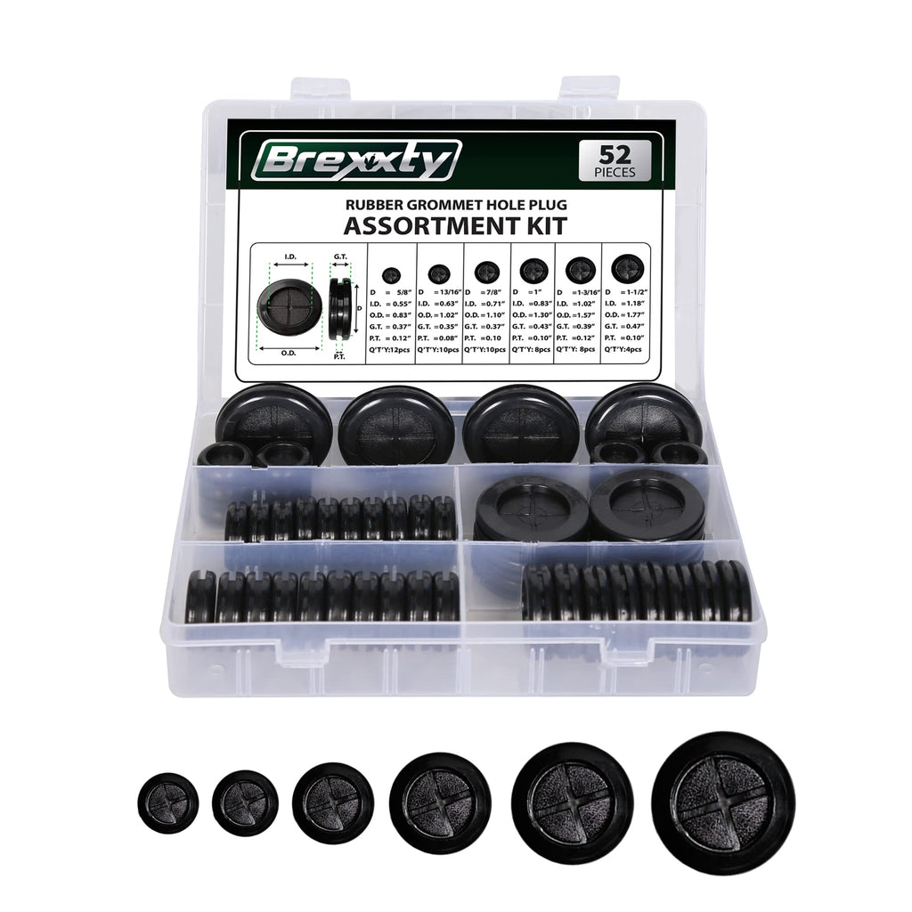  [AUSTRALIA] - Brexxty 52 PCS Rubber Grommets for Wiring (Black) – Rubber Grommet Kit in 6 Assorted Drill Hole Sizes of 5/8" 13/16" 7/8" 1" 1-3/16" 1-1/2" – Rubber Hole Plugs for Automotive & Hardware Repair Black