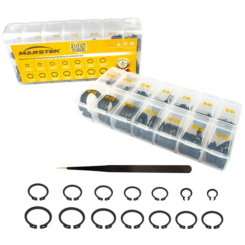  [AUSTRALIA] - MARSTEK 305Pcs C Clips Snap Ring Assortment Alloy Steel External Circlip Snap Retaining Rings Set Secure Parts on Grooved Shafts, Pins, Studs, etc.14 Sizes