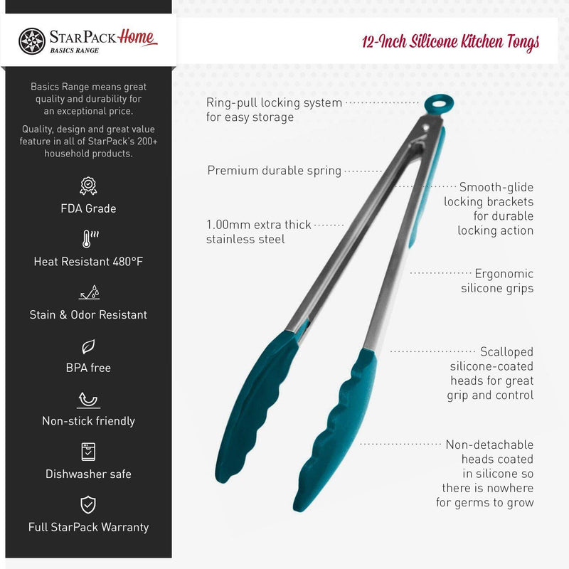 StarPack Basics Silicone Kitchen Tongs (9-Inch & 12-Inch) - Stainless Steel with Non-Stick Silicone Tips, High Heat Resistant to 480°F, For Cooking, Serving, Grill, BBQ & Salad (Teal Blue) Basics (Heat Resistant 480°F) Teal Blue - LeoForward Australia