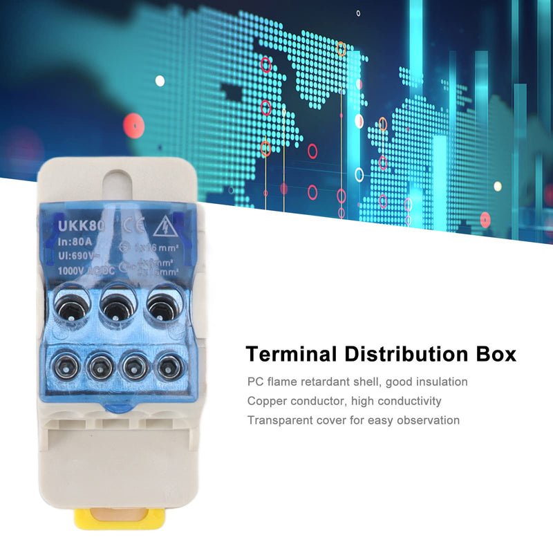  [AUSTRALIA] - Power Junction Box DIN Rail Electrical Terminal Block Connector Distribution Box AC DC1000V (80A) 80A