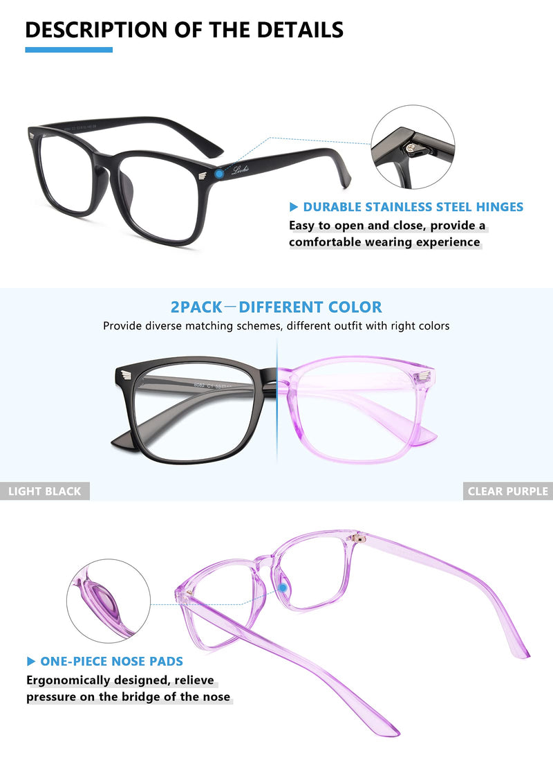  [AUSTRALIA] - livho 2 Pack Blue Light Blocking Glasses, Computer Reading/Gaming/TV/Phones Glasses for Women Men,Anti Eyestrain & UV Glare(Light Blcak+Clear Purple) *B6 Light Blcak+clear Purple