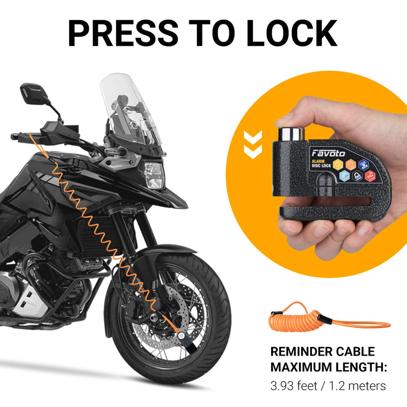  [AUSTRALIA] - Favoto Disc Lock Alarm, 110 dB Alarm Sound Disc Brake Padlock for Motorcycle e-Bike Bicycle Scooter, 0.27 inch/7mm Lock Pin with Reminder Cable and Carrying Bag (Black) Black