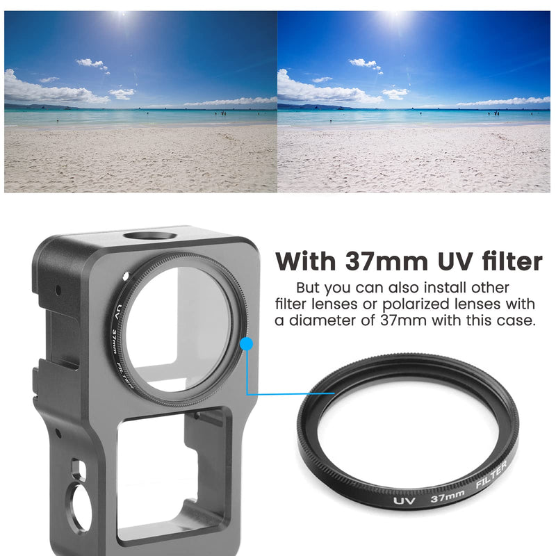  [AUSTRALIA] - Video Vlogging Camera Frame Cage for DJI Action 2 Dual-Screen Camera, 1/4 Thread Hole, Wire connectable Aluminum Alloy Back Door Housing Frame with 37mm UV Filter for DJI Action 2 (Black) Black