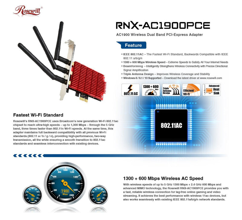  [AUSTRALIA] - Rosewill RNX-AC1900PCE Rnx-AC1900PCE, 802.11AC Dual Band AC1900 PCI Express WiFi Adapter/Wireless Adapter/Network Card, 11AC 1900Mbps