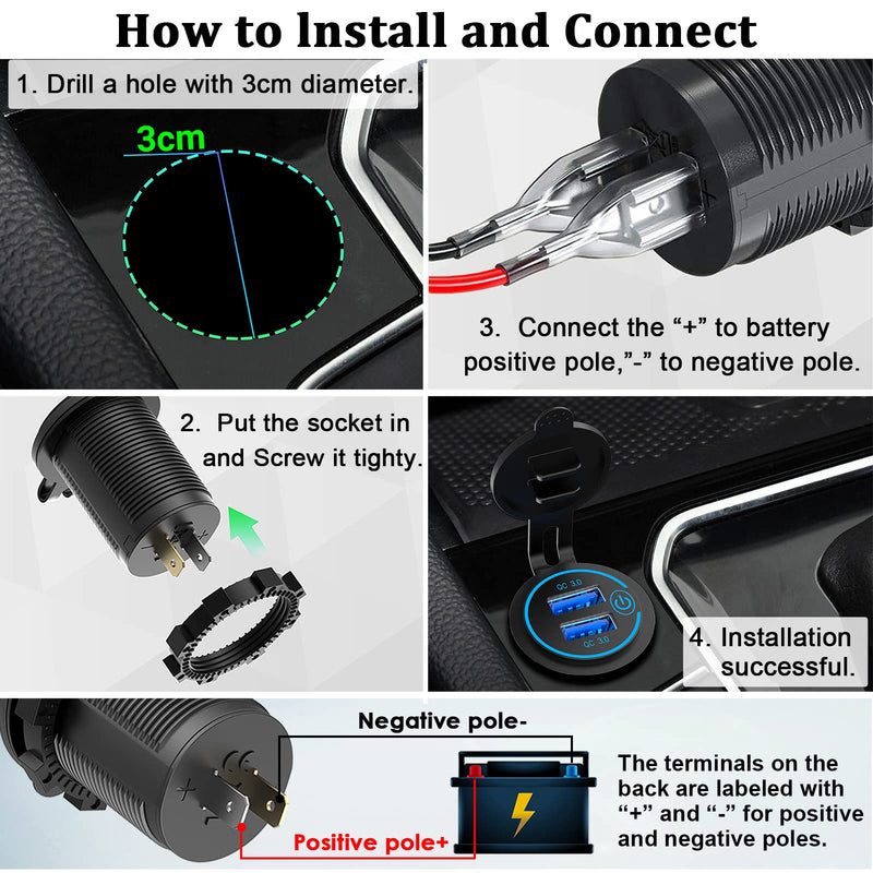  [AUSTRALIA] - Quick Charge 3.0 Dual USB Charger Socket, Qidoe Waterproof 12V USB Outlet 36W Dual QC3.0 USB Power Socket with Touch Switch DIY Car USB Port for Car Boat Marine RV Motorcycle Bus Truck Golf Cart etc Blue