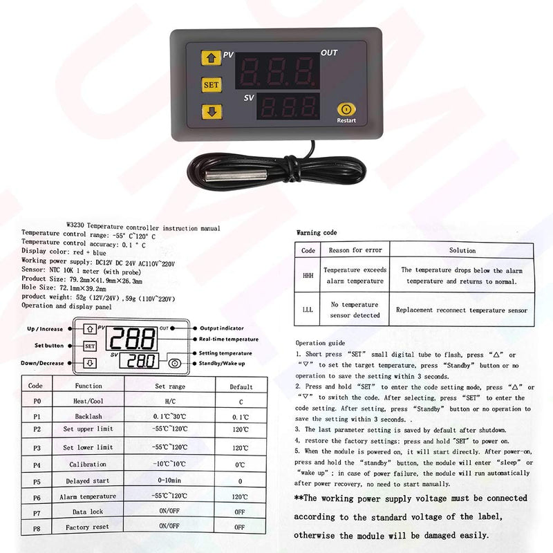 [AUSTRALIA] - W3230 DC 12V 20A LED Digital Temperature Controller Thermostat Thermometer Temperature Control Switch Sensor Meter（DV12V））