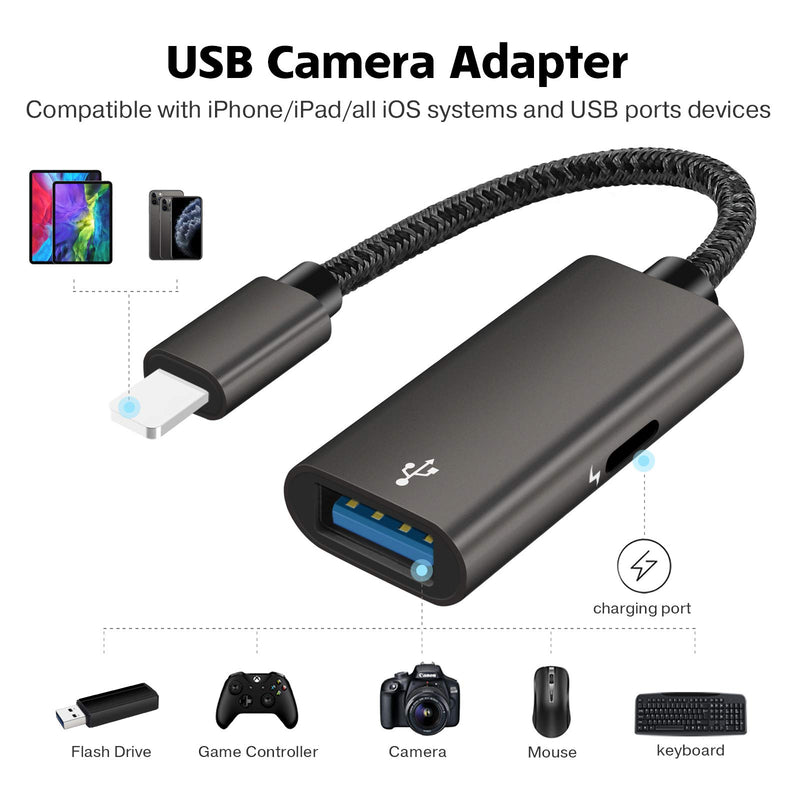 TRYVAT USB Camera Adapter Compatible with iPhone iPad, USB Female OTG Adapter with Fast Charging Port, No Application, Plug and Play, USB to iPhone Adapter Support Camera, Keyboard and Mouse - LeoForward Australia