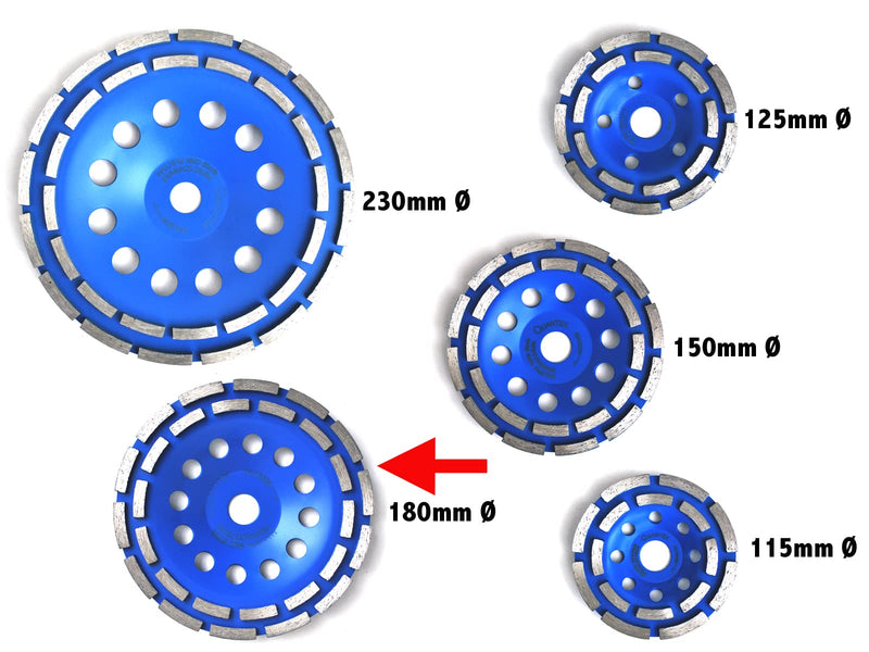  [AUSTRALIA] - QUANTEX diamond cup wheel 180mm. Diamond grinding disc double row with 22.23mm standard bore suitable for all angle grinders, concrete milling machines etc. Universal for concrete, natural stone, screed.