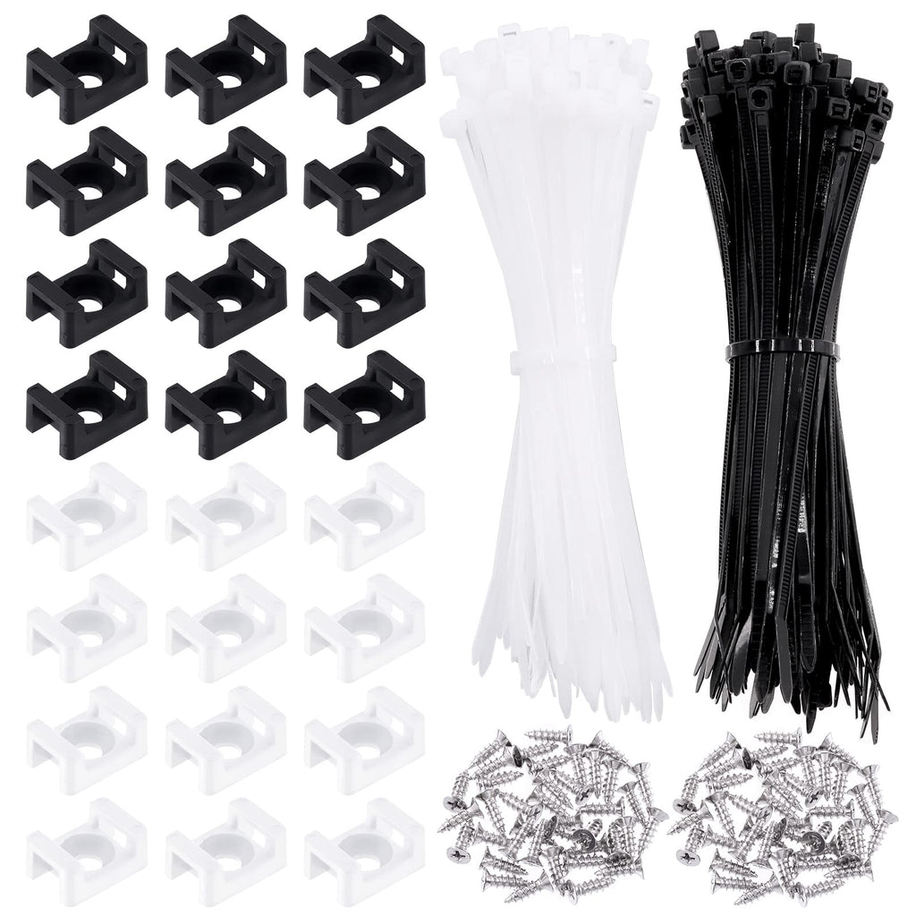  [AUSTRALIA] - Swpeet 480Pcs White + Black Self-Locking Cable Zip Tie (150x4mm) and 6mm/0.24inch Saddle Type Cable Tie Mounts Base with Deep Thread Flat Head Screws Kit, Wire Holder Wire Cable Clips 6mm White + Black Cable Zip Ties