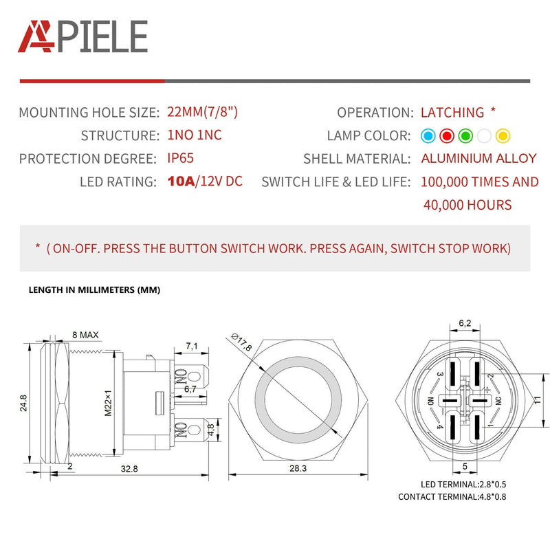  [AUSTRALIA] - APIELE 10 Amp 22mm Latching Push Button Switch 12V Angel Eye LED Waterproof Aluminum Alloy Round Self-Locking 7/8'' 1NO 1NC 1 Pack (10 Amp/Red Led) 10AMP Black Shell Red