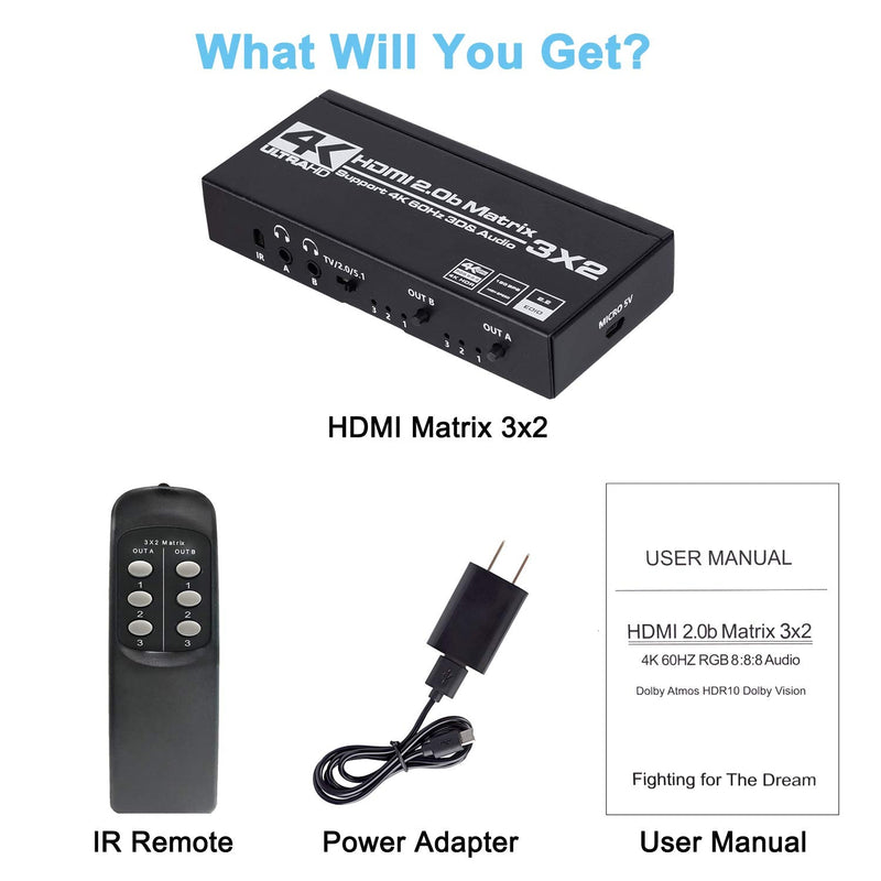  [AUSTRALIA] - HDMI Matrix 3x2, 4K HDMI Matrix Switch 3 in 2 Out Switcher Splitter Box with EDID Extractor and IR Remote Control, Support Ultra 4K HDR, 4Kx2K@60Hz, 3D/1080P，HDMI 2.0b, HDCP 2.2 Black