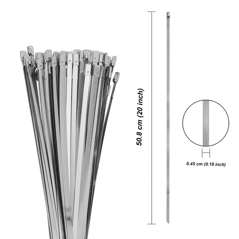  [AUSTRALIA] - MAXSELL 20 Inch Metal Zip Ties, Heavy Duty 304 Stainless Steel Cable Ties, Metal Exhaust Wrap with 200 Lbs Tensile Strength(100 Pcs)