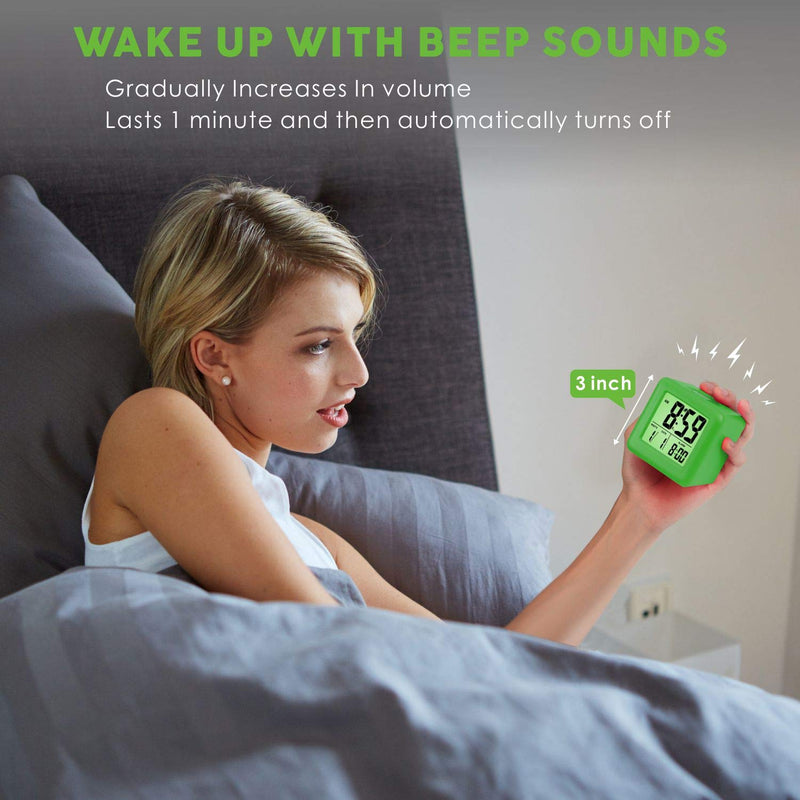  [AUSTRALIA] - Plumeet Digital Alarm Clocks Travel Clock with Snooze and Green Nightlight - Easy Setting Clock Display Time, Date, Alarm - Ascending Sound - Battery Powered (Green)
