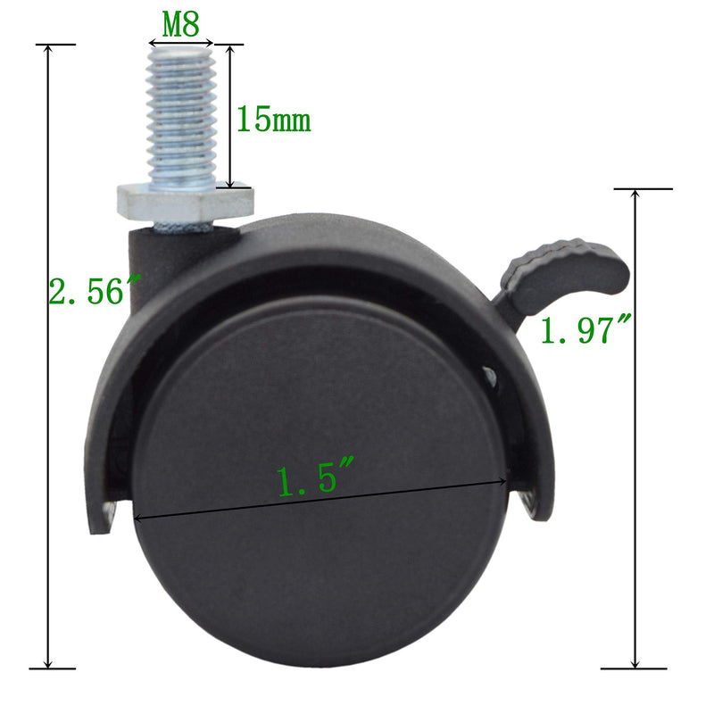  [AUSTRALIA] - MySit 4 Pack 1.5 Inch Nylon Plastic Replacement Caster for Furniture Wheels, Office Chair Swivel Caster Metric Threaded Stem M8 x 15mm(Around 5/16"x 3/5") with Locking Brake