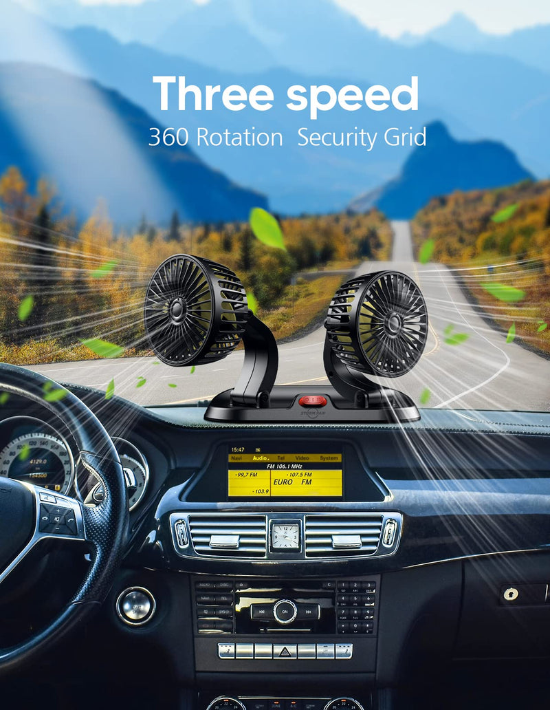  [AUSTRALIA] - odbowuge 12V Car Fan,Car Fans that Blow Cold Air with 3 Speed,360 Degree Rotatable Dual Head Fan,Strong Wind Electric Auto Car Fans for Dashboard Suv Rv Tuck Boat Sedan,Fan for Car with no ac Dual Head Cigarette lighter