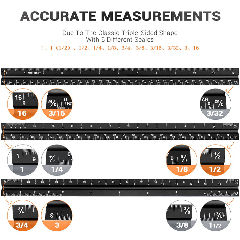  [AUSTRALIA] - 12" Architectural Scale Ruler Aluminum Architect Scale Triangular Scale Ruler for Architects, Draftsman, Students and Engineers, Black