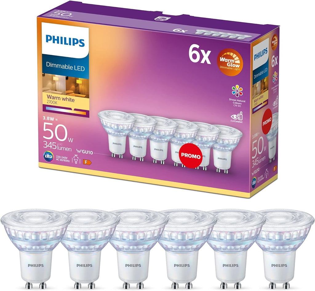  [AUSTRALIA] - Philips LED Classic GU10 WarmGlow lamp, 50 W, reflector, dimmable, warm white, pack of 6 50W 6-pack Warmglow Dimmable