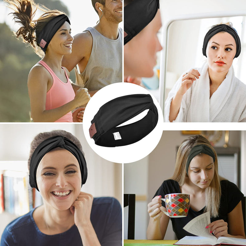  [AUSTRALIA] - Bluetooth Headband for Women, HD Speakers Bluetooth 5.0 Wireless Headband Headphones, Fashion Grey Head Band with Knotted/Twist Design for Yoga, Workout, Running, Sports, Gift Black-1