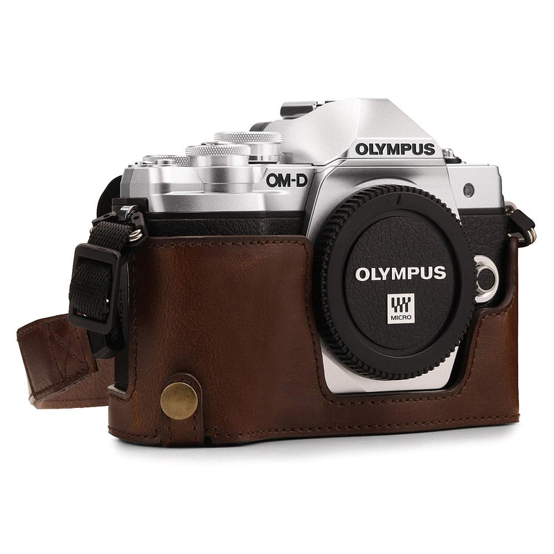  [AUSTRALIA] - MegaGear MG1351 Olympus OM-D E-M10 Mark III Ever Ready Leather Camera Half Case and Strap, with Battery Access, Dark Brown