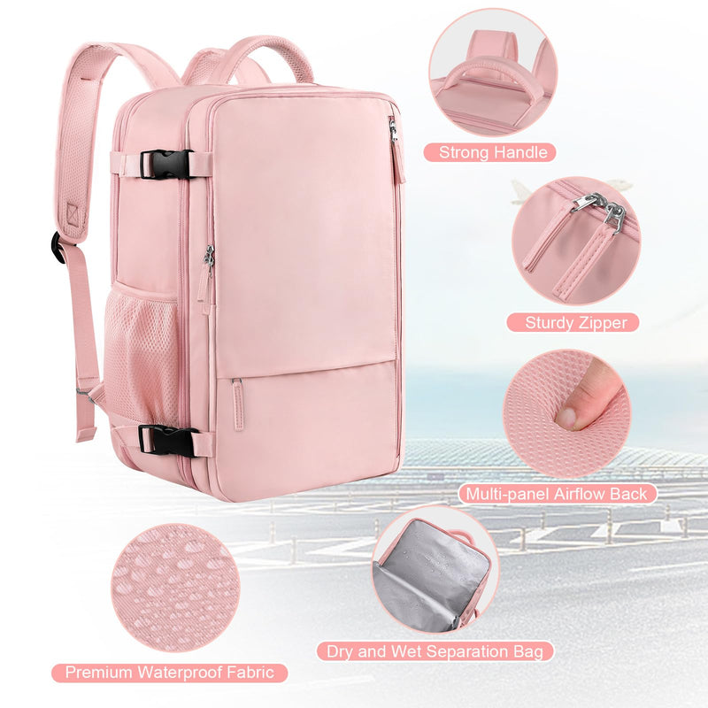  [AUSTRALIA] - Sinaliy Large Travel Backpack for Women, 40L Carry On Backpack, 17 Inch Laptop Backpack, Waterproof Backpack, College Bookbag, Laptop Backpack, Backpack for Women, as Person Item Flight Approved Pink