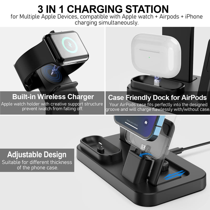 [AUSTRALIA] - 3 in 1 Charging Station for Apple Products, Removable Charging Stand for iPhone Series AirPods Pro/3/2/1, Charging Dock for Apple Watch SE/7/6/5/4/3/2/1(with 10W Adapter and Cable)(Black) Black